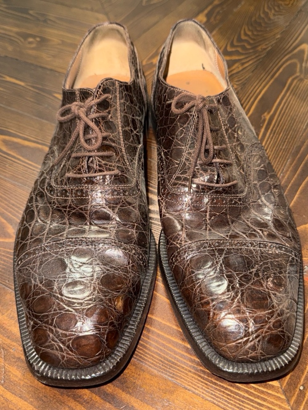 Salvatore Ferragamo Brown Croc-Embossed Leather Oxfords